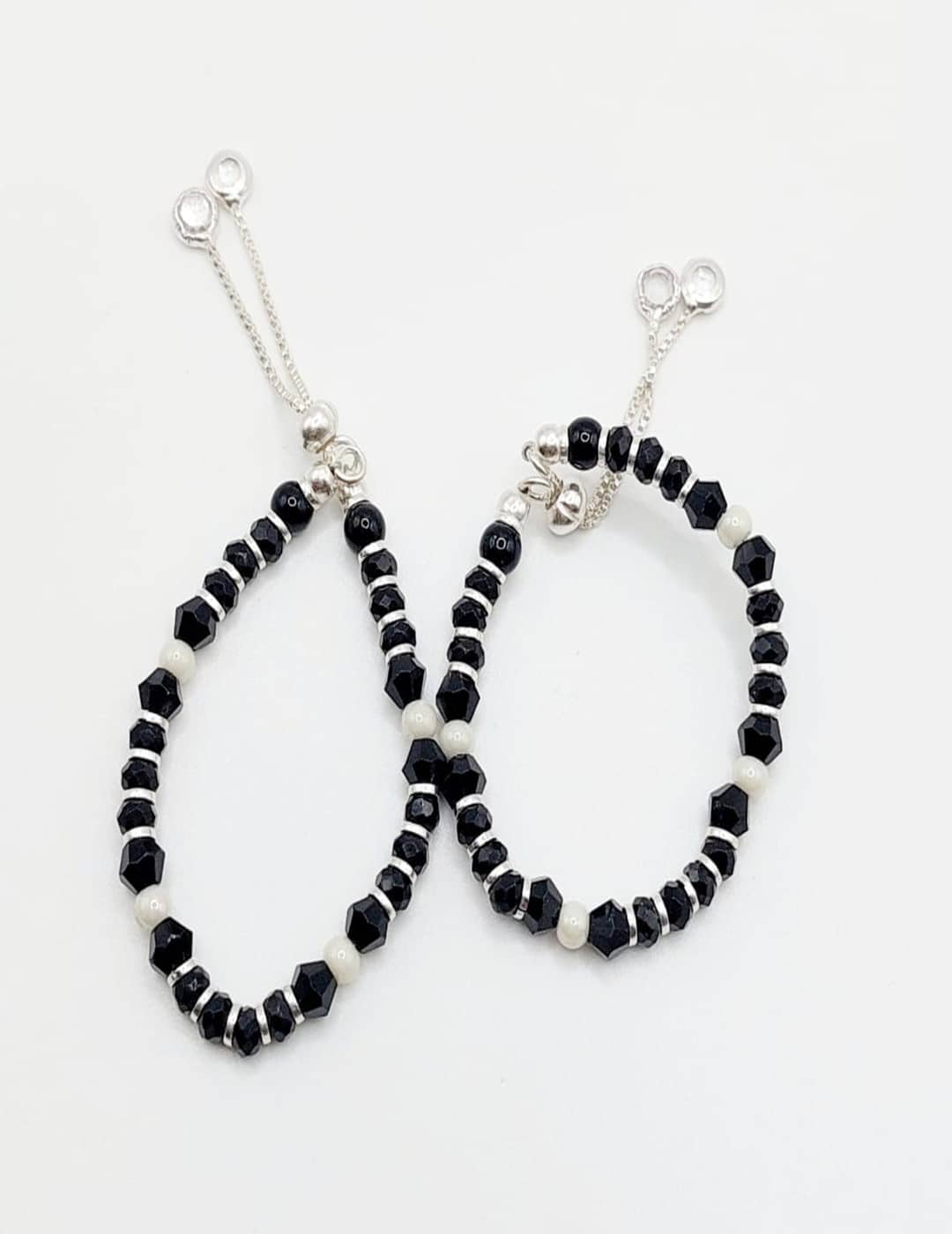 Black Bead With Four Pearls Beads Bracelet - Anklet Pair S925 Silver