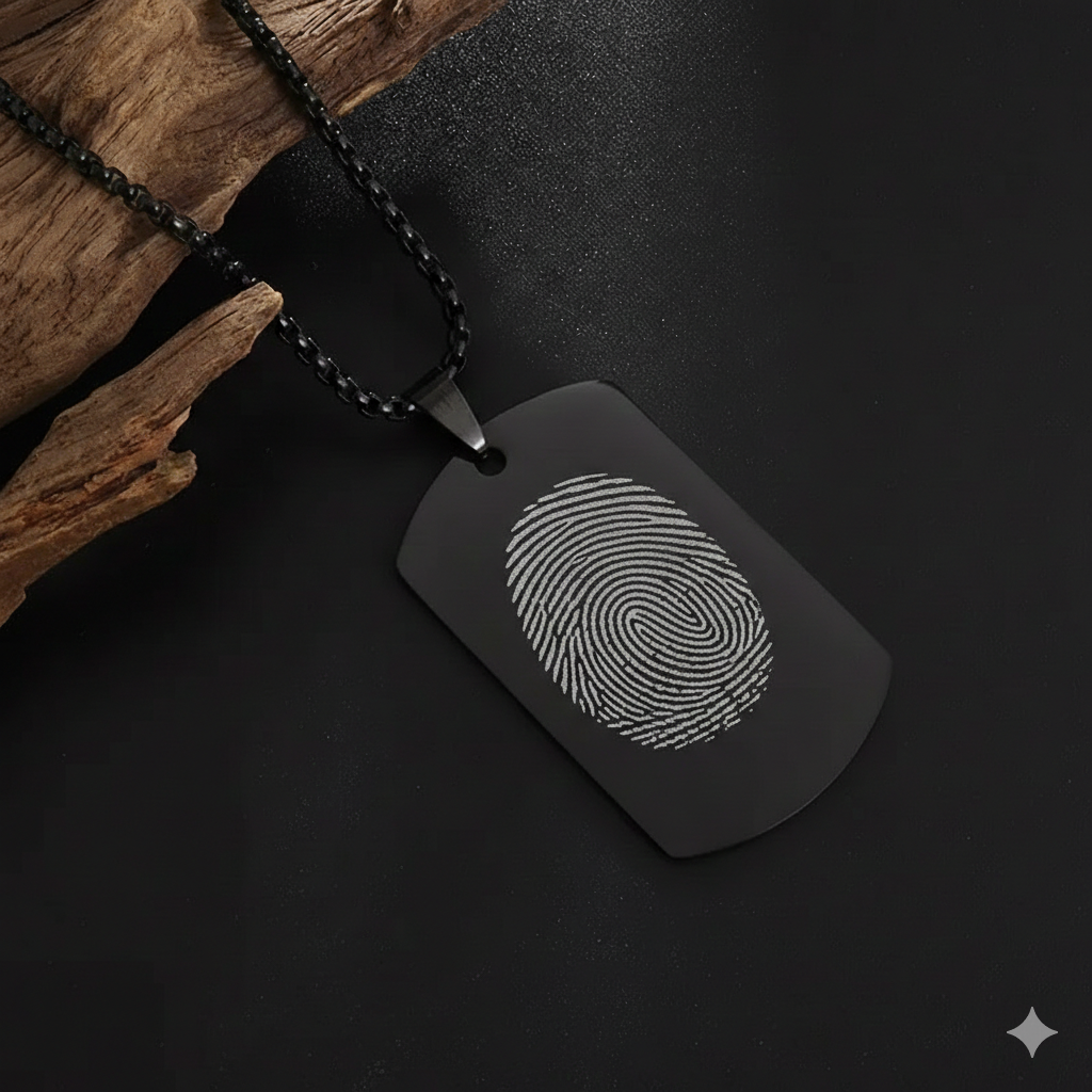 Custom fingerprint engraved dog tag necklace in matte black stainless steel waterproof and hypoallergenic premium memorial gift for men and teens in USA Canada