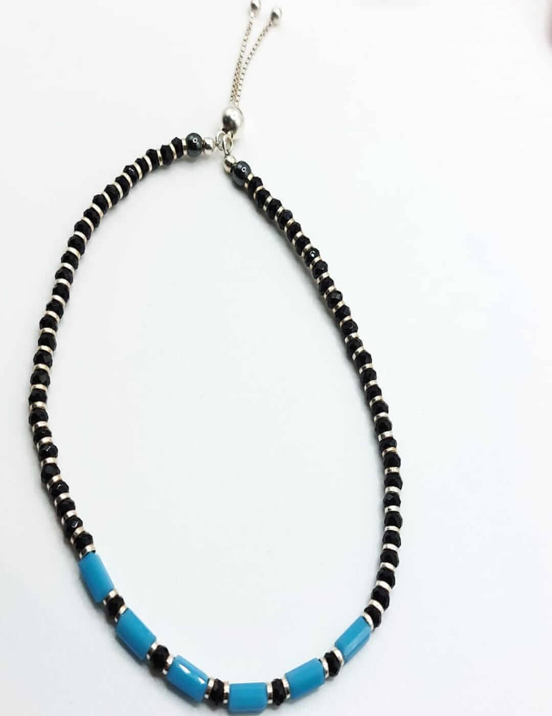 Blue Beads With Black Beads S925 Silver Anklet - Payal - Leg Chain