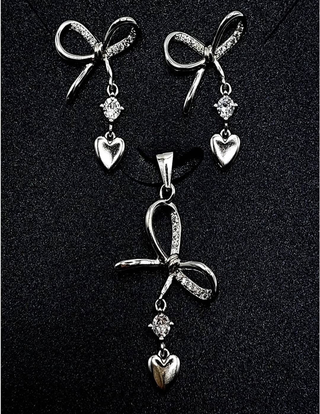 Bow And Heart Charms S925 Silver Pendant Set