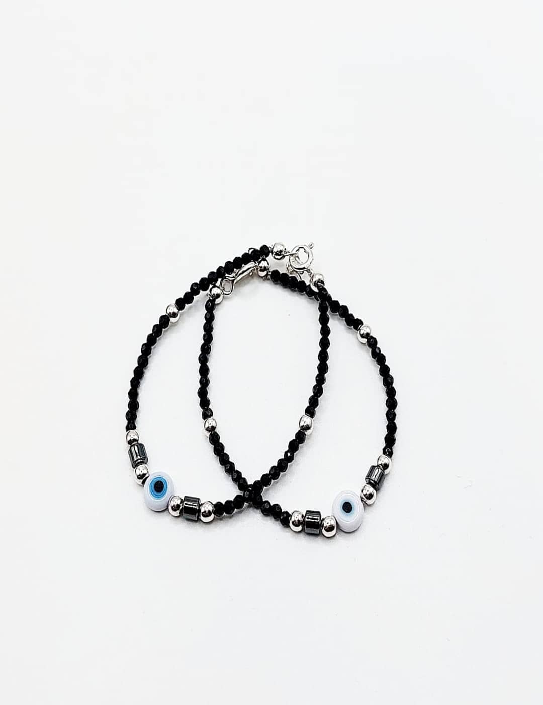 Dainty Small Black Bead Evil Eye Bracelet - Anklet Pair S925 Silver