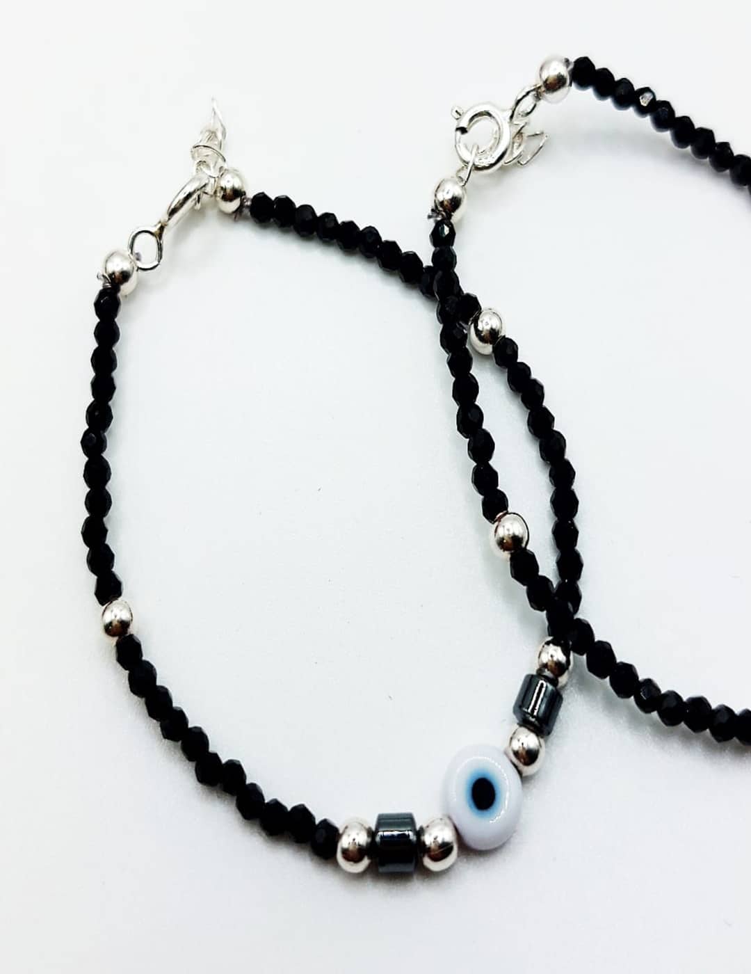 Dainty Small Black Bead Evil Eye Bracelet - Anklet Pair S925 Silver