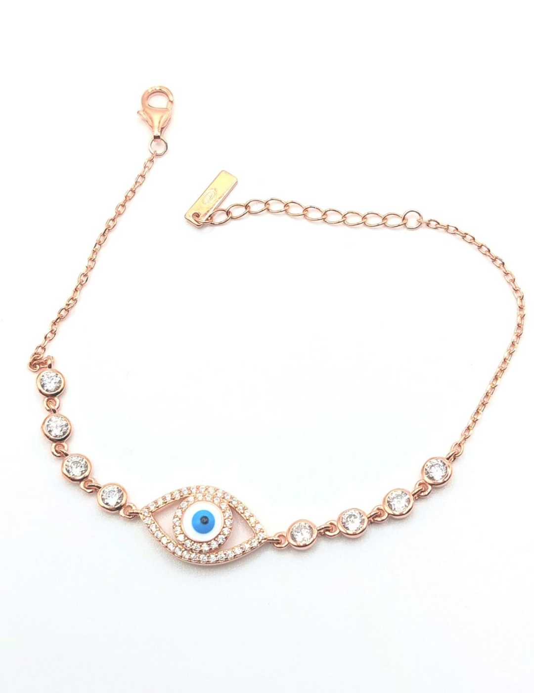 Dazzling Evil Eye Bracelet, Rose Gold Plated 925 Silver with Shiny Stones – elegant and protective, available for shipping to US & Canada.