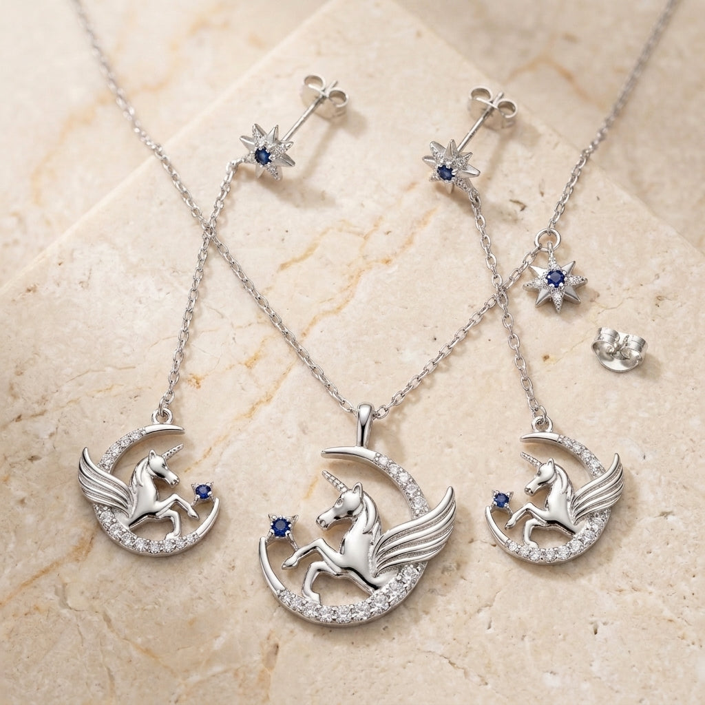 925 Silver Unicorn Moon Star Pendant & Earring Set-1119-6-5