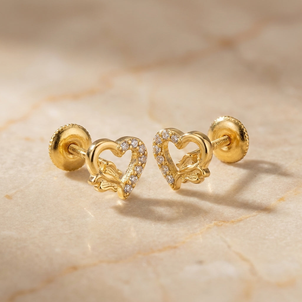 Chic Gold Plated 925 Silver Heart Stud Earrings-1224-2-4