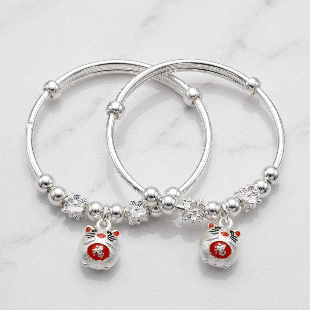 Adjustable Silver Lucky Cat Kids Kada Pair-1138-9-7