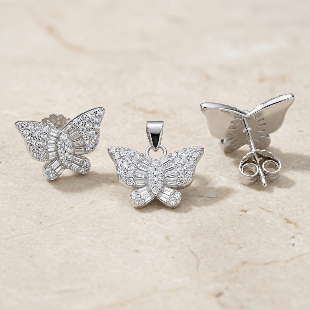 Sparkling 925 Silver Butterfly Pendant & Earring Set-1071-4-3
