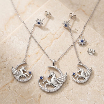 925 Silver Unicorn Moon Star Pendant & Earring Set-1119-6-5