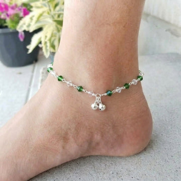925 Silver Green Crystal Beaded Anklet Women pair-1240-0-0