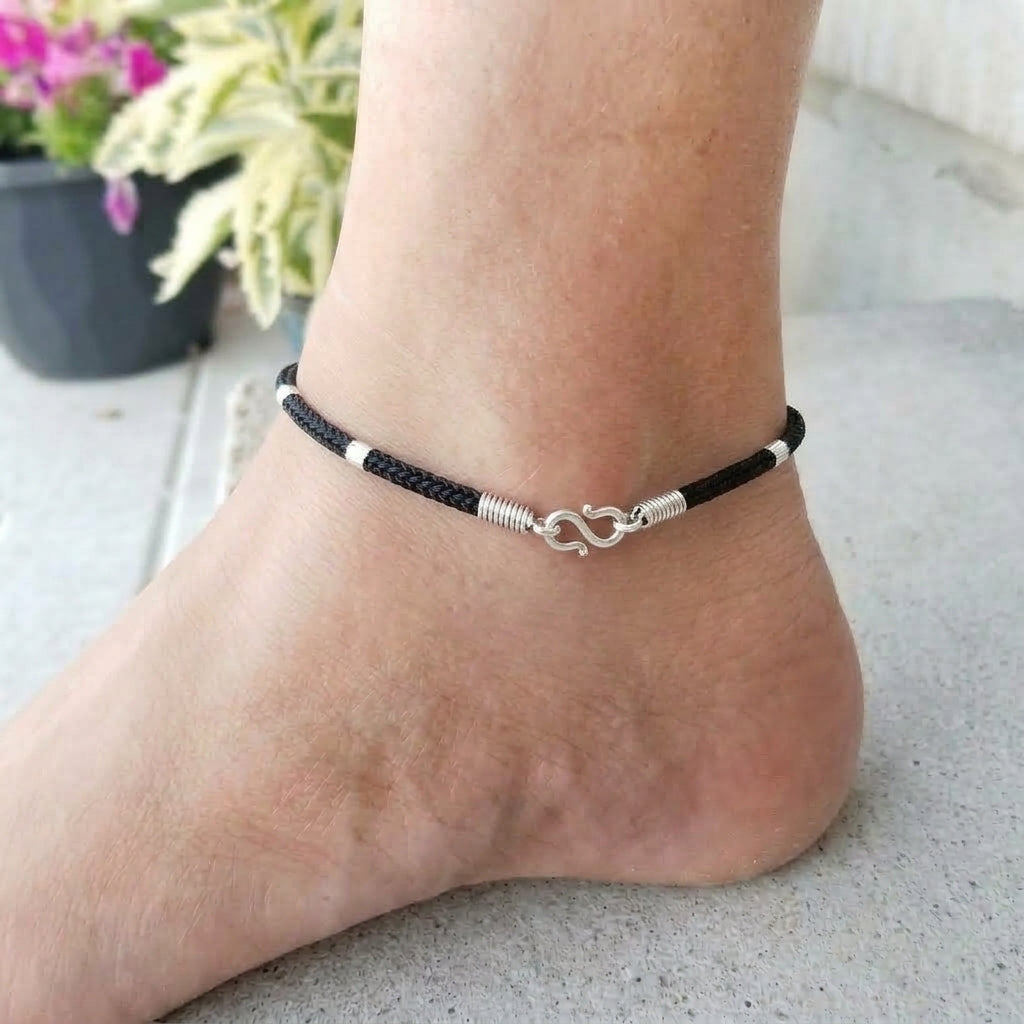 925 Sterling Silver Black Thread Anklet for Women pair-1241-0-0