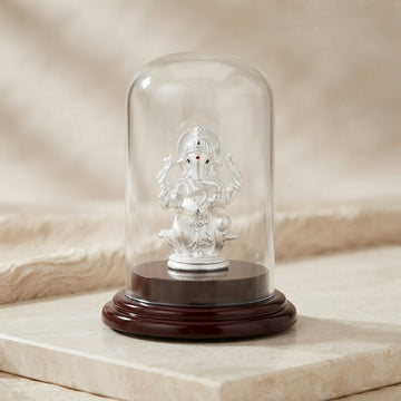 999 silver Ganesh Idol in Glass Case - Car Dashboard & Home-1327-3-26