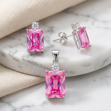 925 Silver Pink Gemstone Pendant & Earring Set-1113-7-9