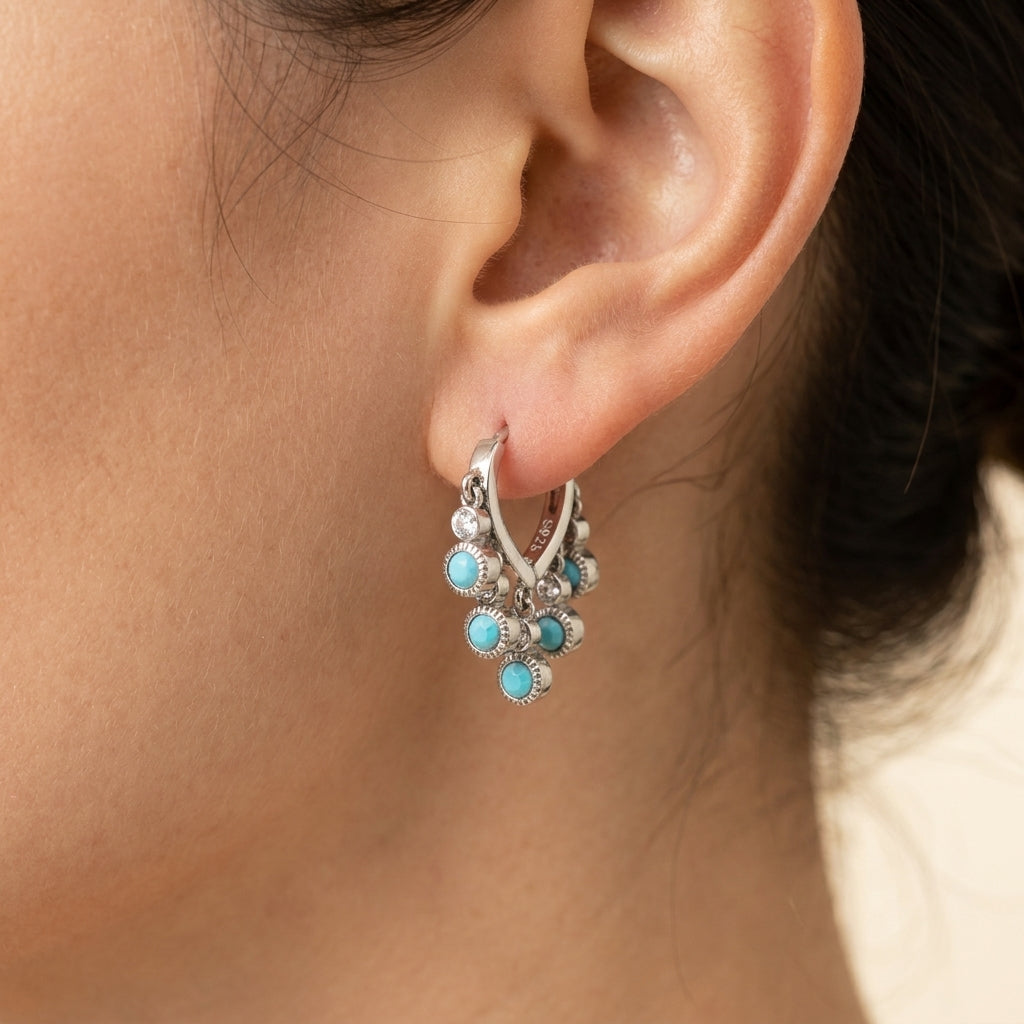 925 Sterling Silver Turquoise Dangle Hoop Earrings-1024-6-4