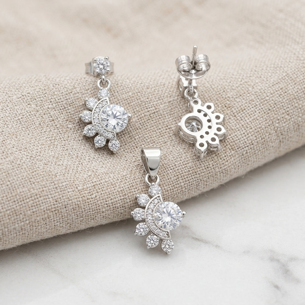 Sparkling 925 Silver Solitaire Pendant & Earring Set-1074-3-3