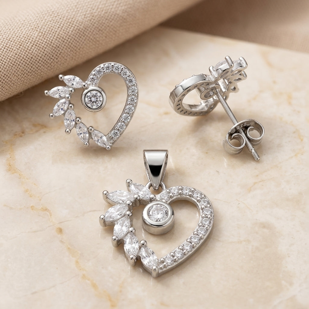 Sparkling 925 Silver Heart Pendant Set with Earrings-1110-3-5