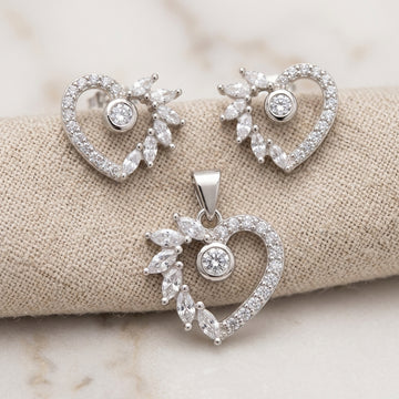 Sparkling 925 Silver Heart Pendant Set with Earrings-1110-3-5