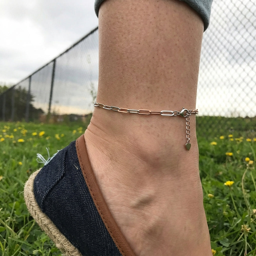 Two-Tone 925 Sterling Silver Paperclip Chain Anklet pair-1222-3-9