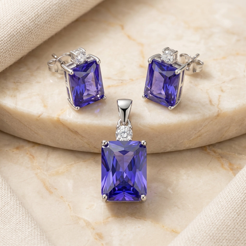 925 Silver Purple Gemstone Pendant & Earring Set-1122-7-8