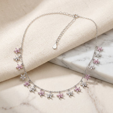 Dainty Floral 925 Silver Necklace with Zirconia-1194-6-4