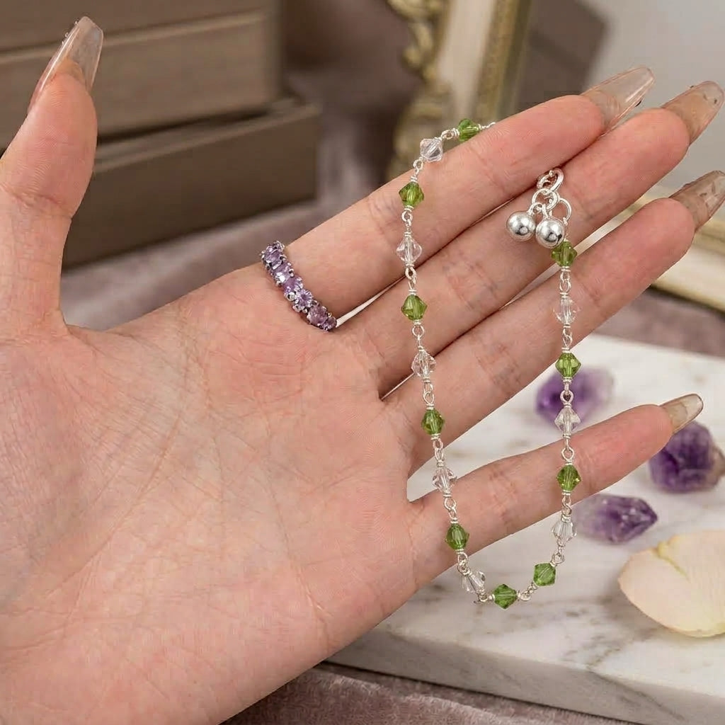 925 Silver Green Crystal Beaded Anklet Women pair-1240-0-0