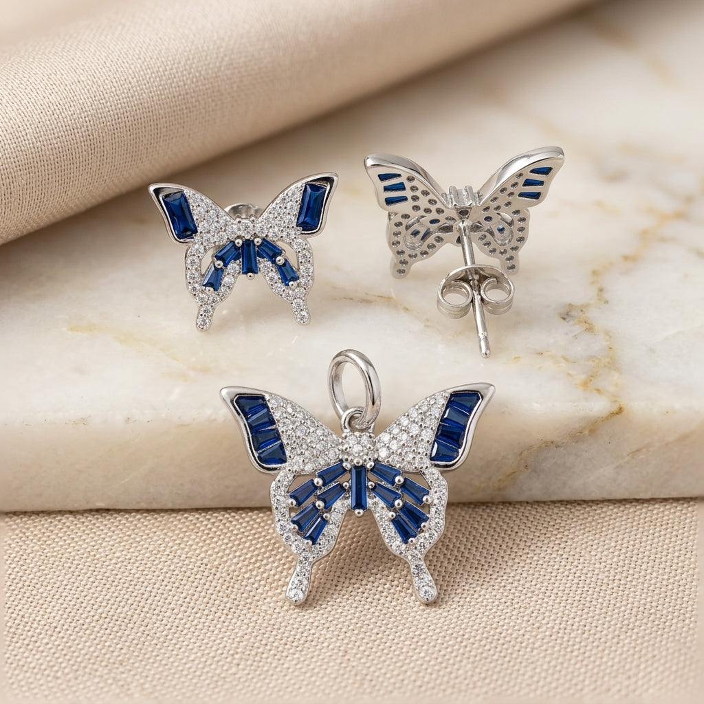925 Silver Butterfly Pendant & Earring Set | Blue Stones-1073-5-7