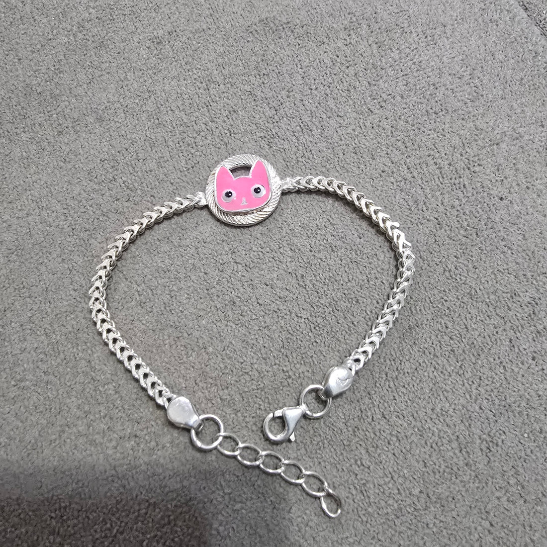 Kids Silver Cat Bracelet with Pink Enamel Charm-1174-4-9