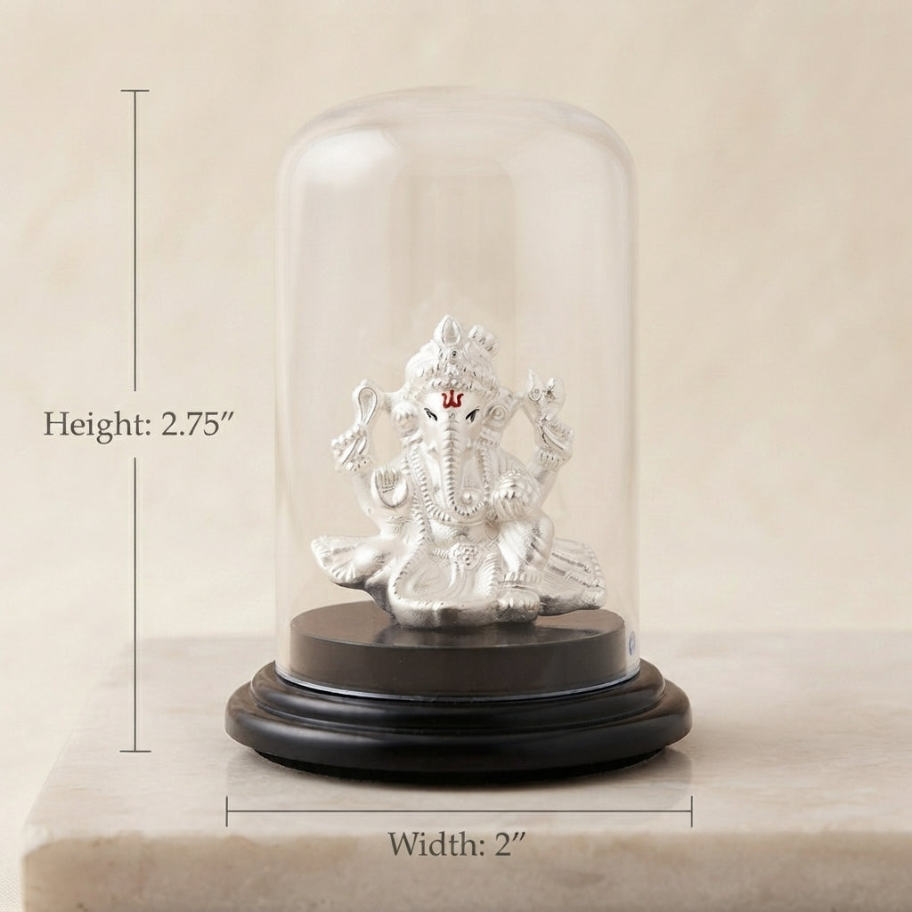 999 Pure Silver Ganesh Idol in Glass Case - Car & Home Pooja-1200-4-23