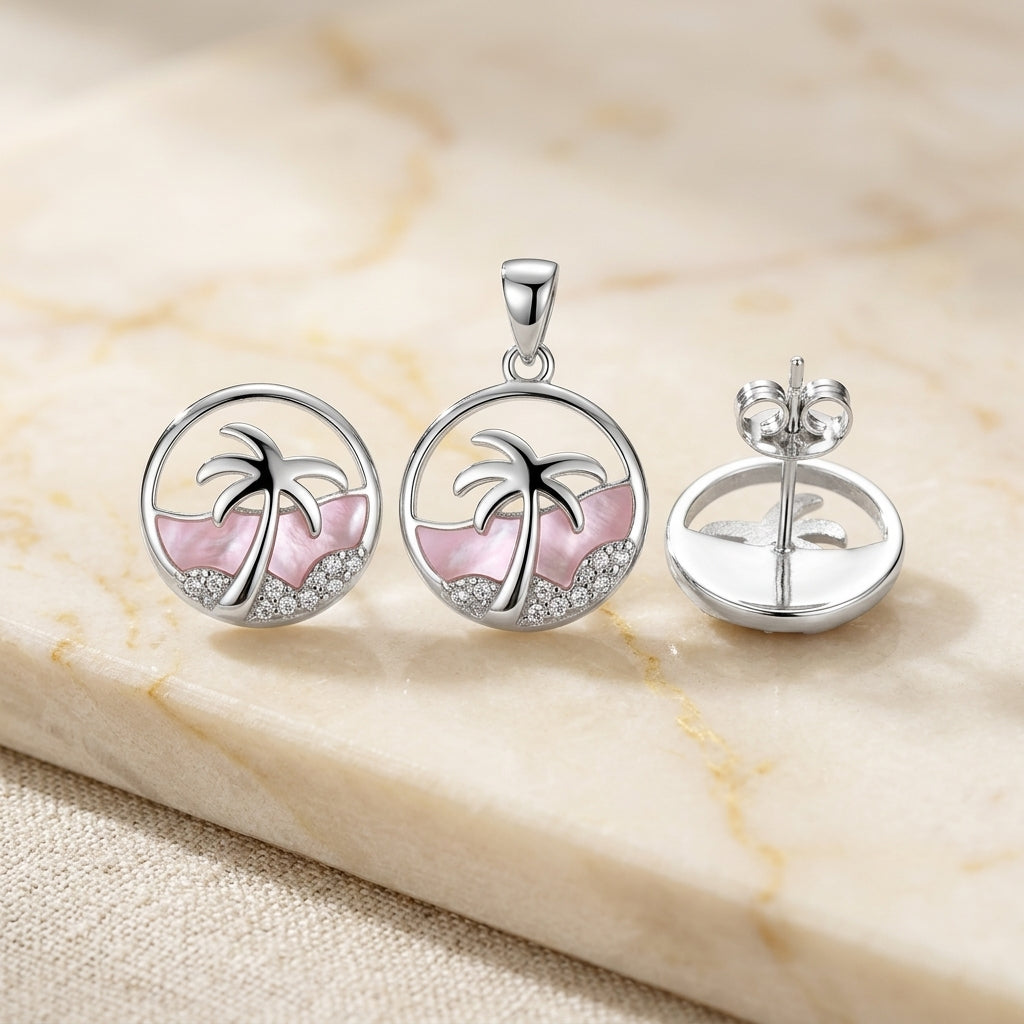 925 Silver Palm Tree Pendant & Earring Set | Pink Enamel-1109-4-6