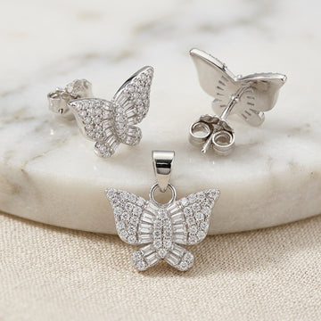 Sparkling 925 Silver Butterfly Pendant & Earring Set-1071-4-3