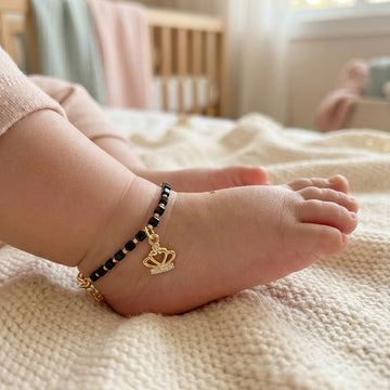 Baby Crown Anklets - 925 Silver & Black Beads (Pair)-1049-3-8