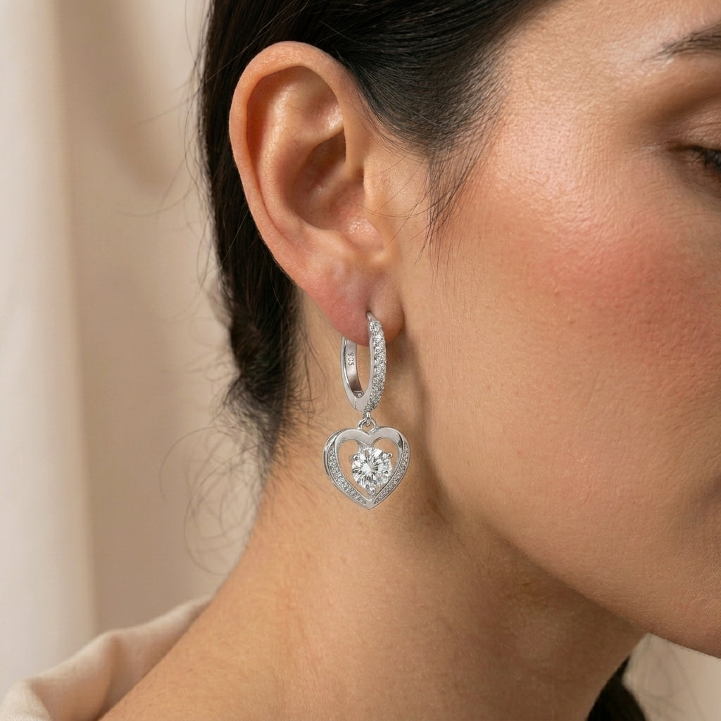 Elegant Silver Heart Dangle Earrings with Sparkling CZ-1028-4-5