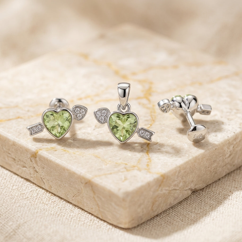 925 Silver Green Heart Pendant & Earring Set - Elegant Jewellery-1078-3-7