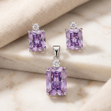 Radiant Amethyst 925 Silver Pendant & Earring Set-1121-7-6
