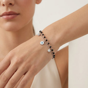 925 Silver Evil Eye Charm Bracelet with Black Beads