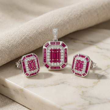 925 Silver Ruby Pink Pendant & Earring Set-1079-4-6