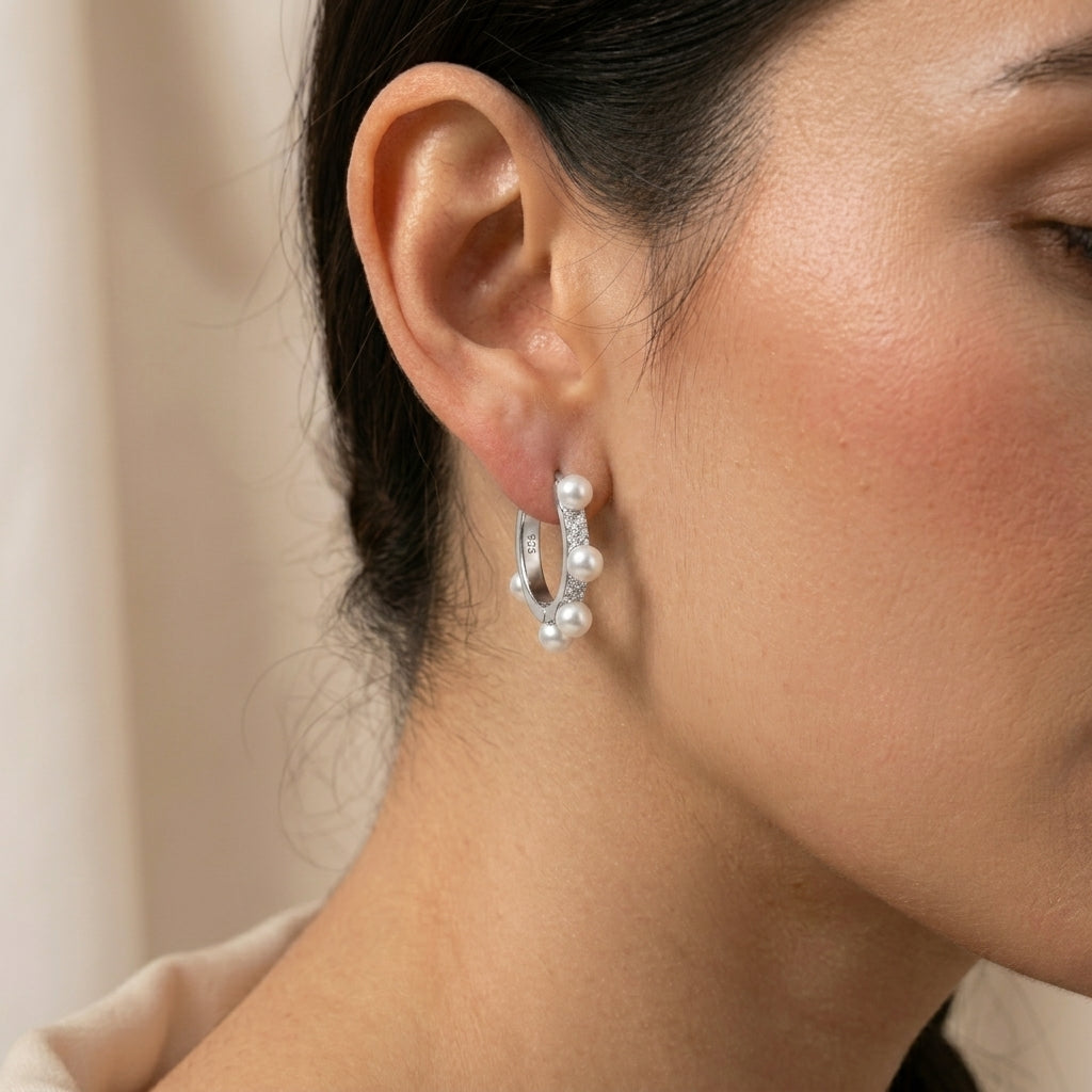 Dainty Pearl & Silver Hoop Earrings with CZ-1029-3-9
