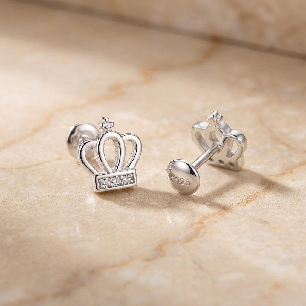 Sterling Silver Crown Stud Earrings for Daily Wear-1185-1-2