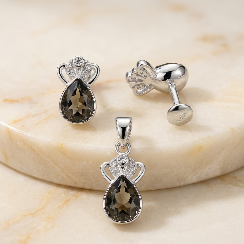 925 Silver Pear Drop Pendant & Earring Set-1075-3-8