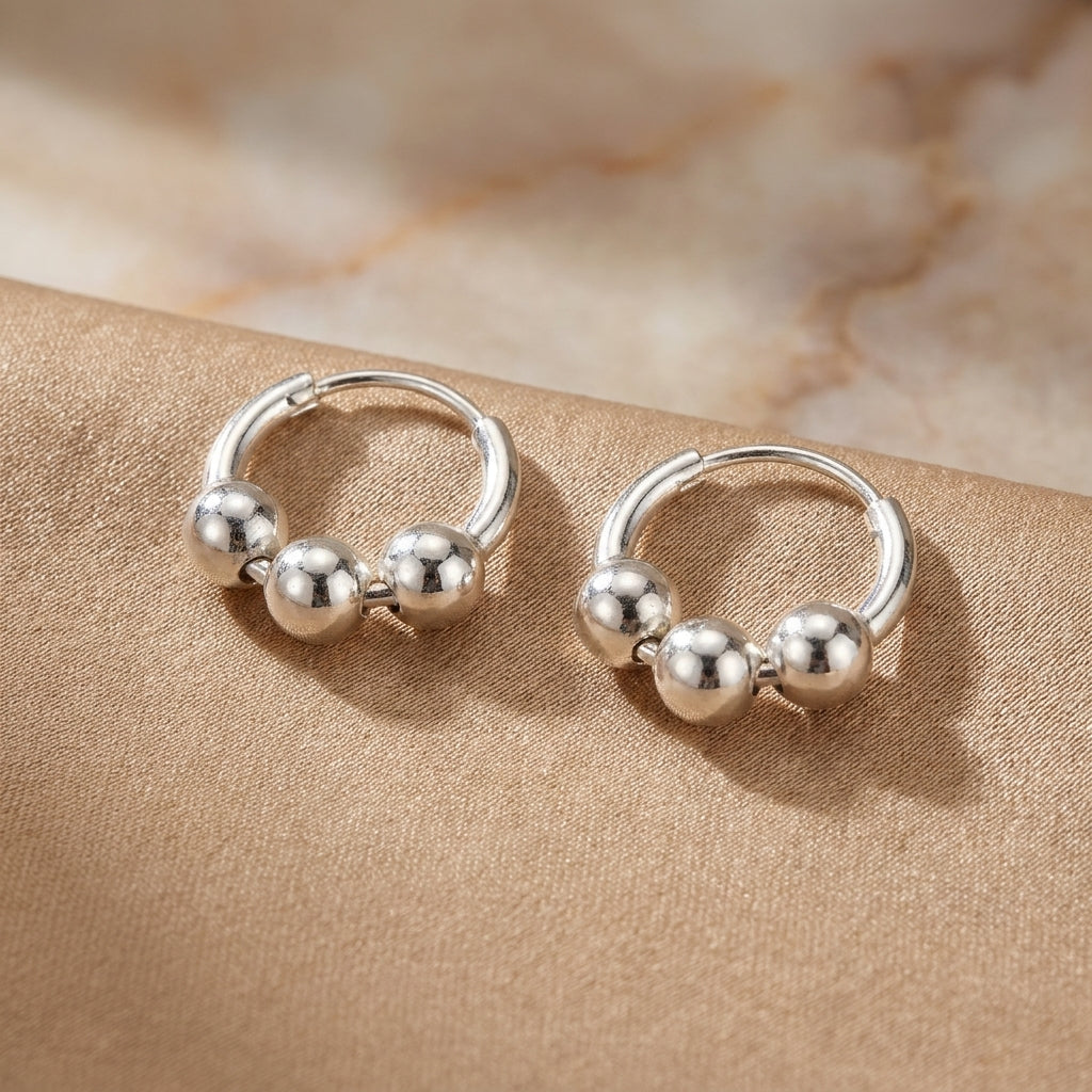 Chic 925 Silver Beaded Hoop Earrings - Daily Wear-422-2-2