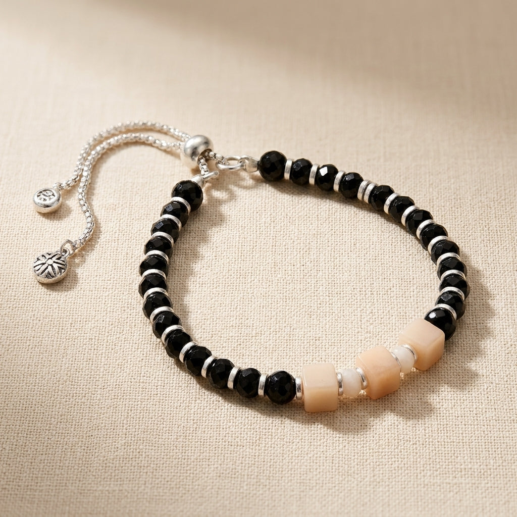 Adjustable Silver Kids Bracelet - Black & Cream Beads-1157-0-0
