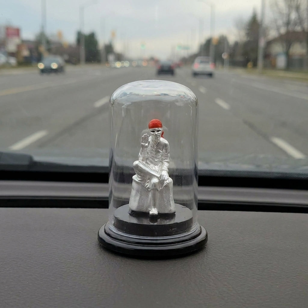 999 Silver Sai Baba Idol with Glass Case for Car & Home-7-70