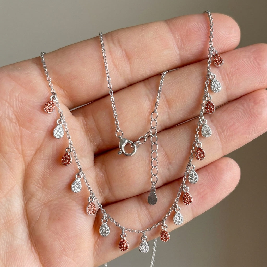 Dainty 925 Silver Red & White CZ Teardrop Necklace-1190-4-7