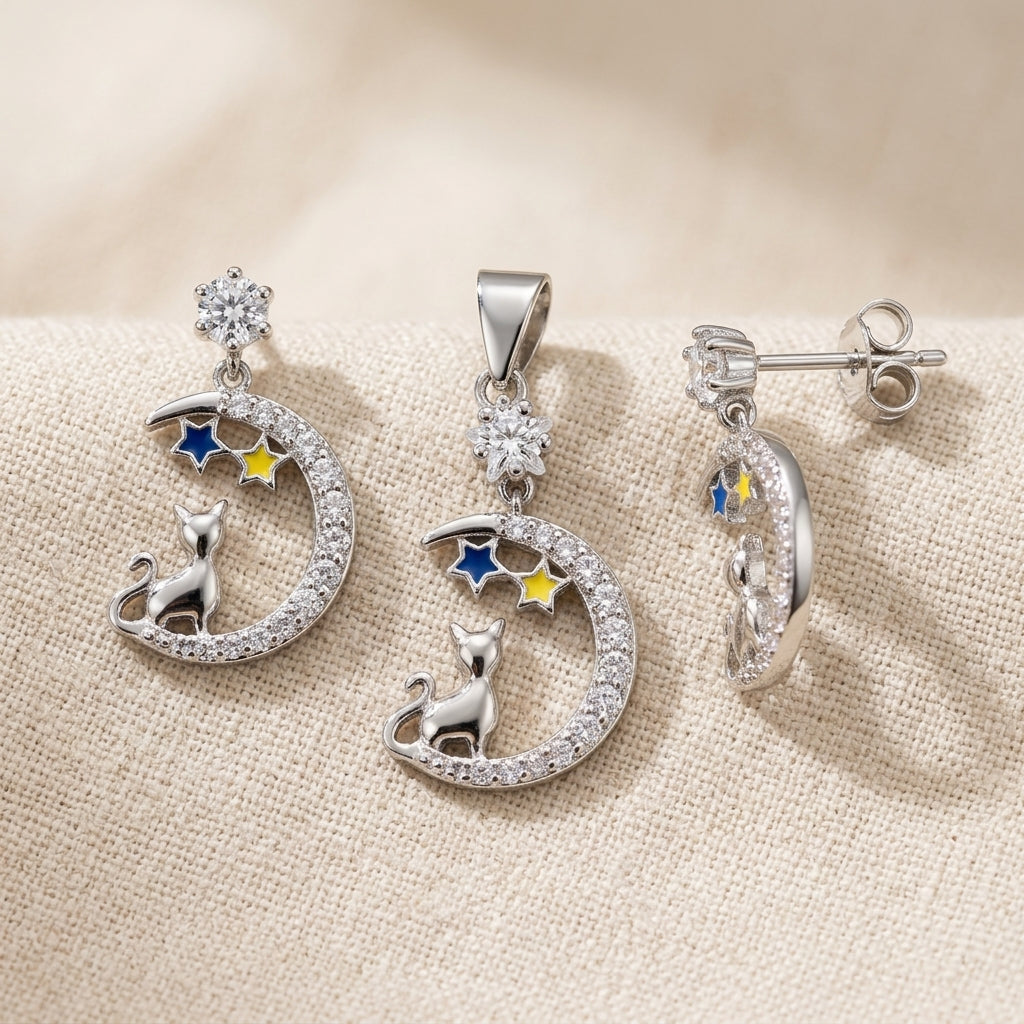 Sterling Silver Cat & Moon Pendant Set with Earrings-1112-2-9