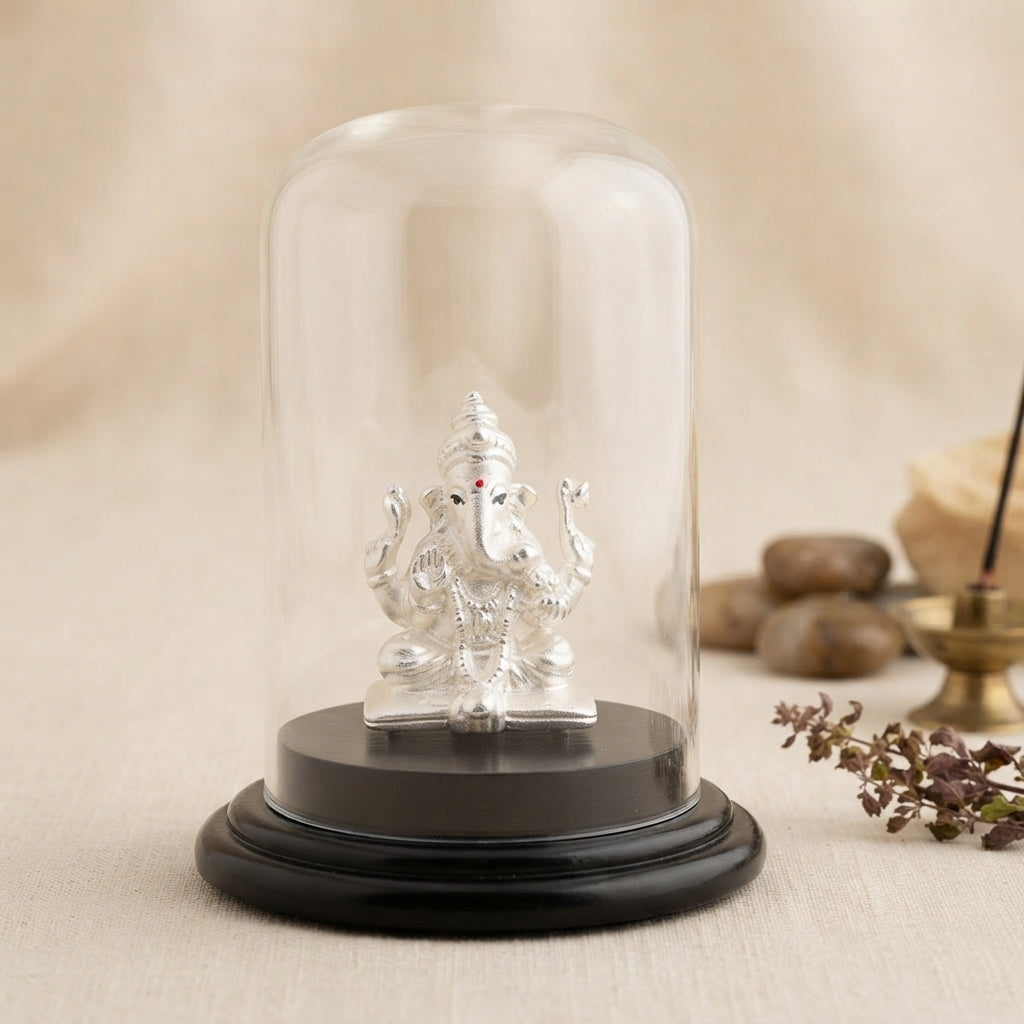 999 Pure Silver Ganesh Idol with Glass Case | Car Dashboard-1204-3-73
