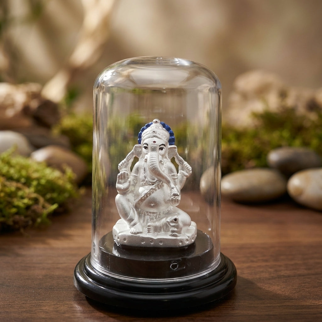 999 Silver Ganesh Idol for Car & Home Mandir with Glass Case-6-19