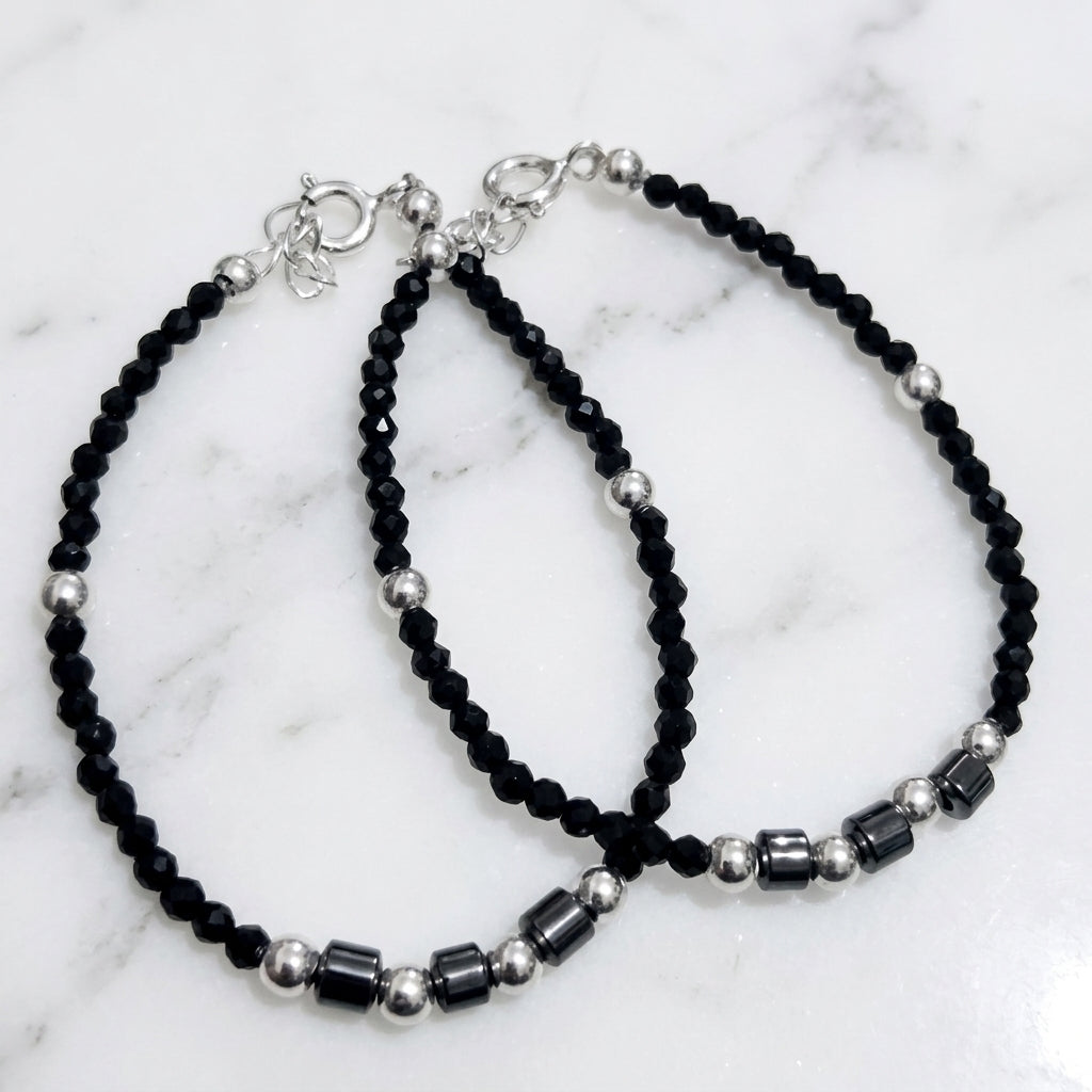 Baby Nazariya Silver Black Bead Anklets - Pair-1135-0-0