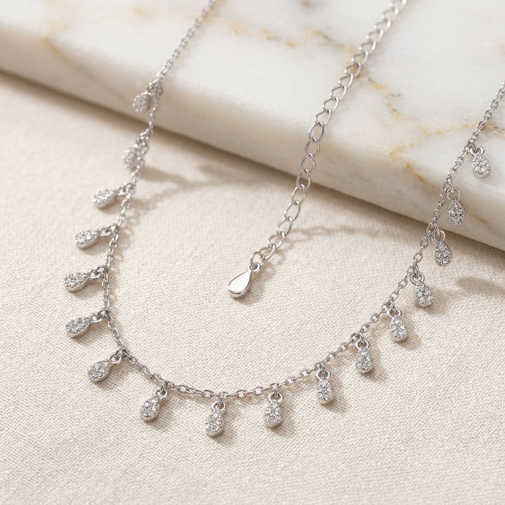 Sparkling 925 Silver Dainty CZ Teardrop Necklace-1189-3-4