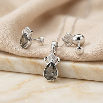 925 Silver Pear Drop Pendant & Earring Set-1075-3-8