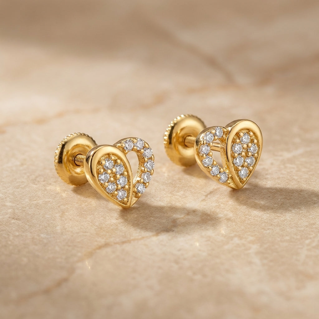 Charming Gold Plated 925 Silver Heart Stud Earrings-1223-2-1