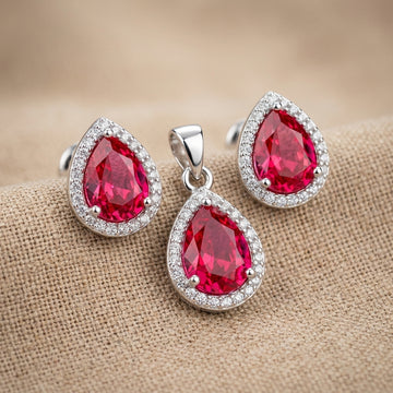 925 Silver Pink Crystal Teardrop Pendant & Earring Set-1080-4-4
